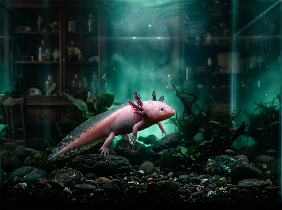 Axolotl in luminous teal water for the Hipawz amphibians and aquatic category.