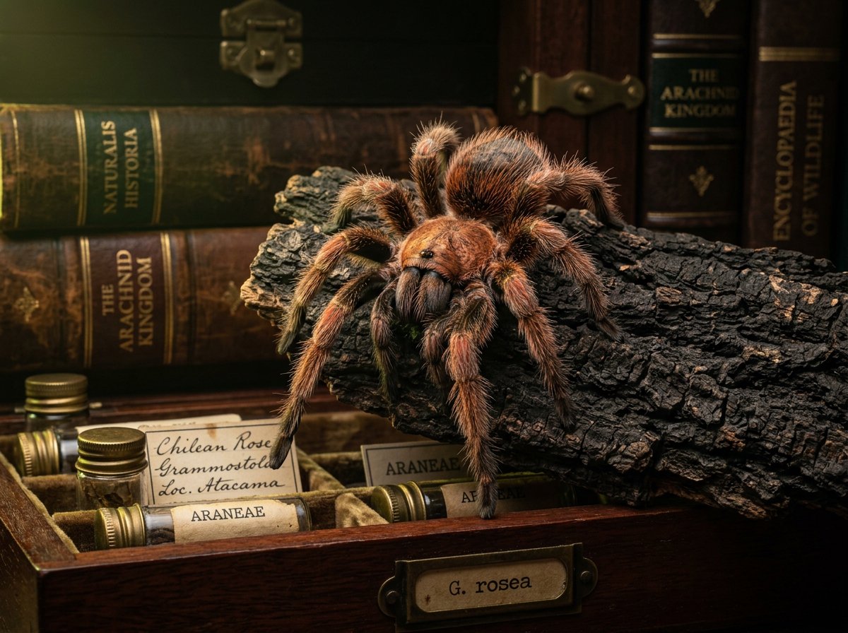 Tarantula on dark bark among cabinet drawers for the Hipawz invertebrates category.