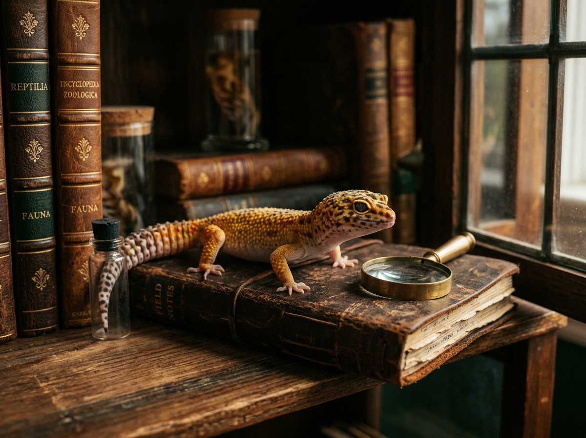 Leopard gecko in a museum-cabinet editorial scene for the Hipawz reptiles category.