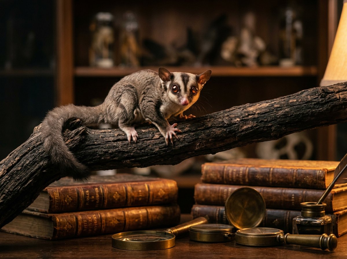 Sugar glider perched above old books for the Hipawz small mammals category.