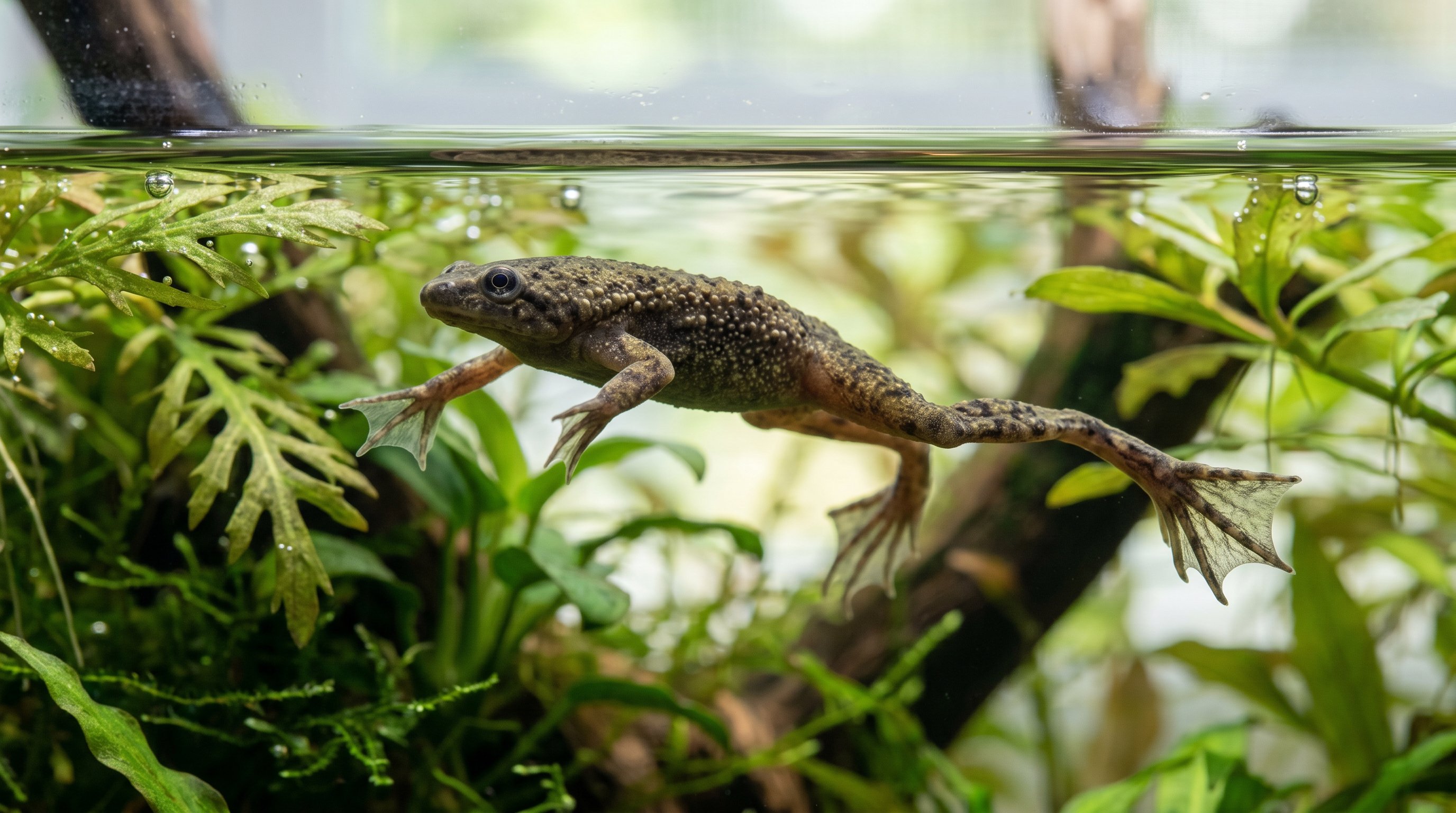 African dwarf frog photographed in a realistic underwater portrait with small fully aquatic body, webbed feet, and calm planted-aquarium setting.
