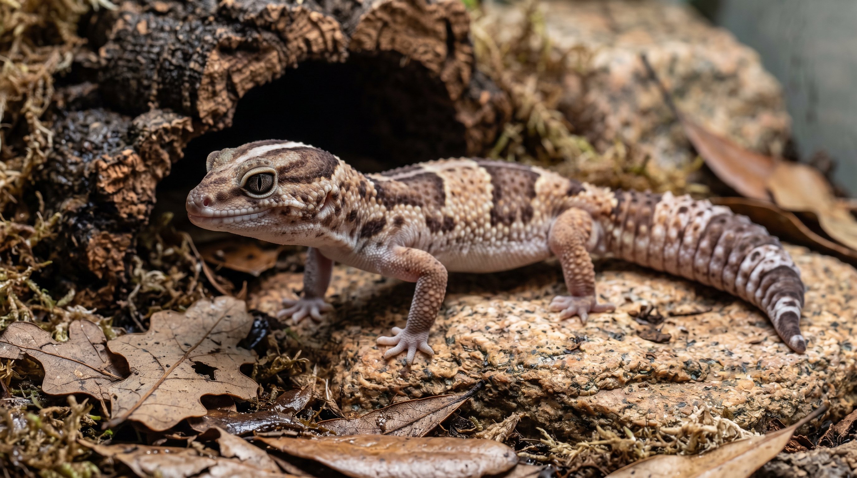 African fat-tailed gecko photographed in a realistic close-up portrait with eyelids, chunky tail, and terrestrial gecko proportions.