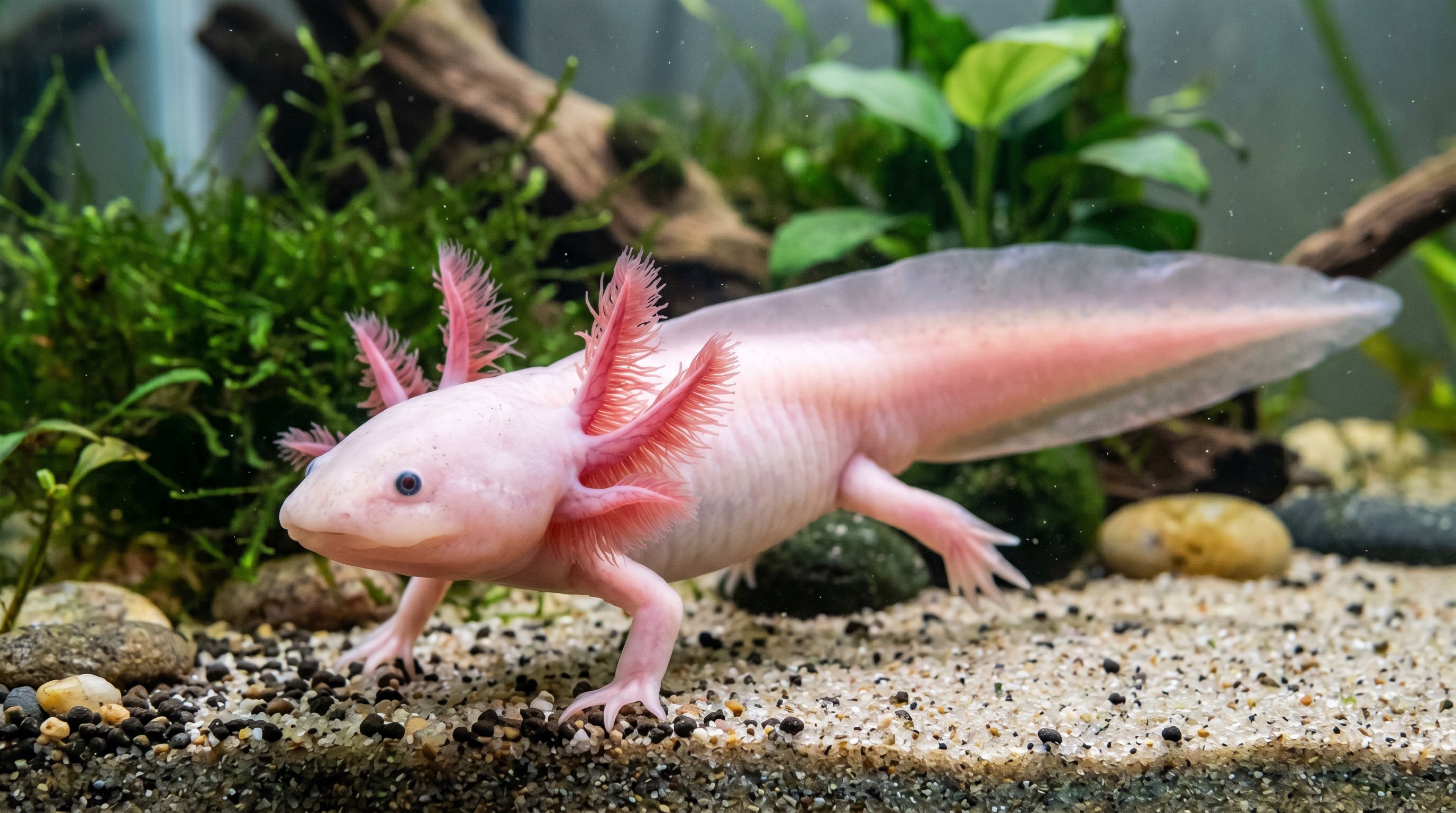 Axolotl photographed in a realistic underwater portrait with feathery external gills, broad head, and pale body in cool clean water.