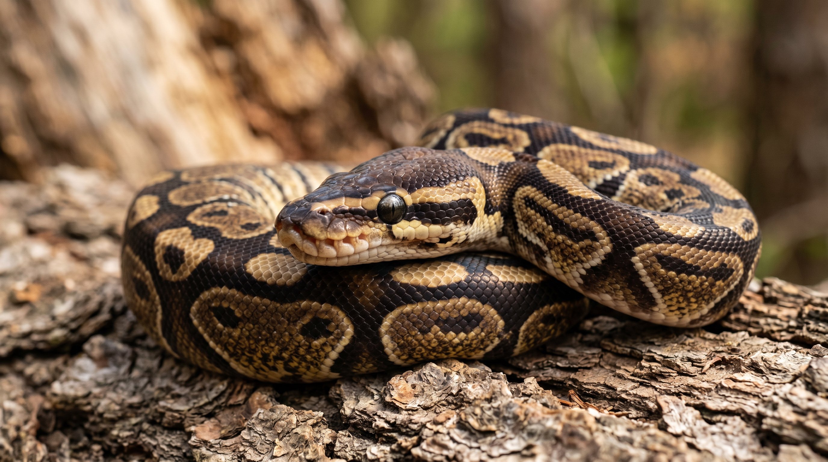 Ball python photographed in a realistic close-up portrait with natural coiled posture and accurate patterning.