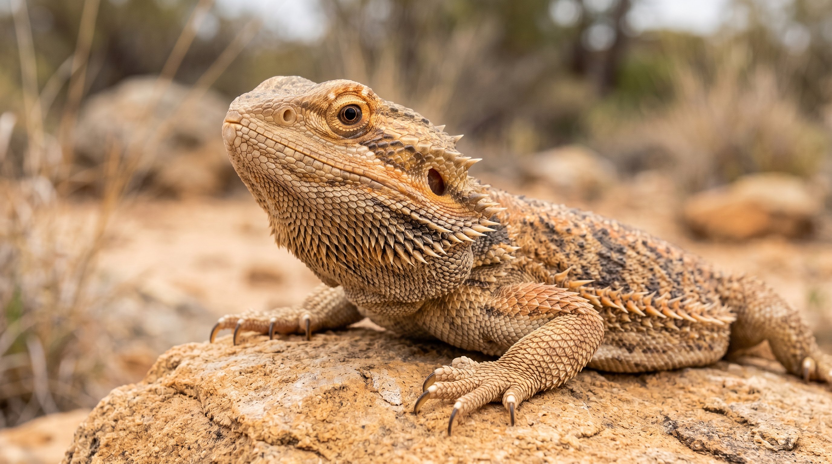Bearded dragon photographed in a realistic close-up portrait with accurate head shape, beard scales, and natural basking posture.