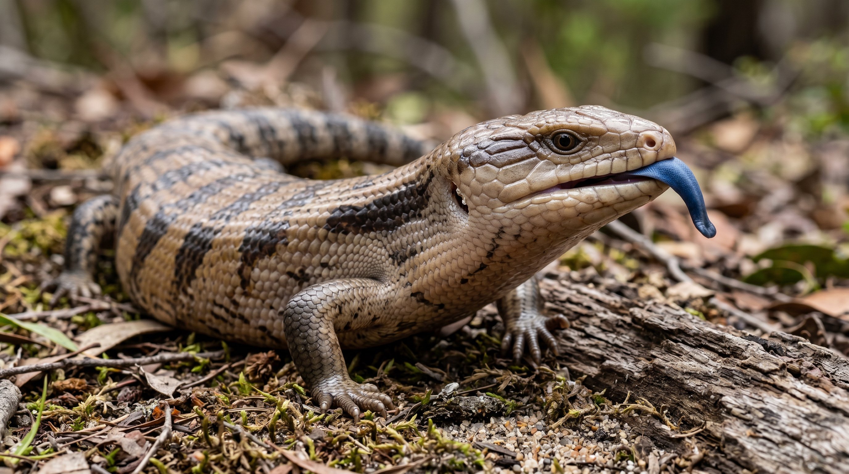 Blue-tongued skink photographed in a realistic close-up portrait with heavy skink body, smooth scales, and blue tongue display.