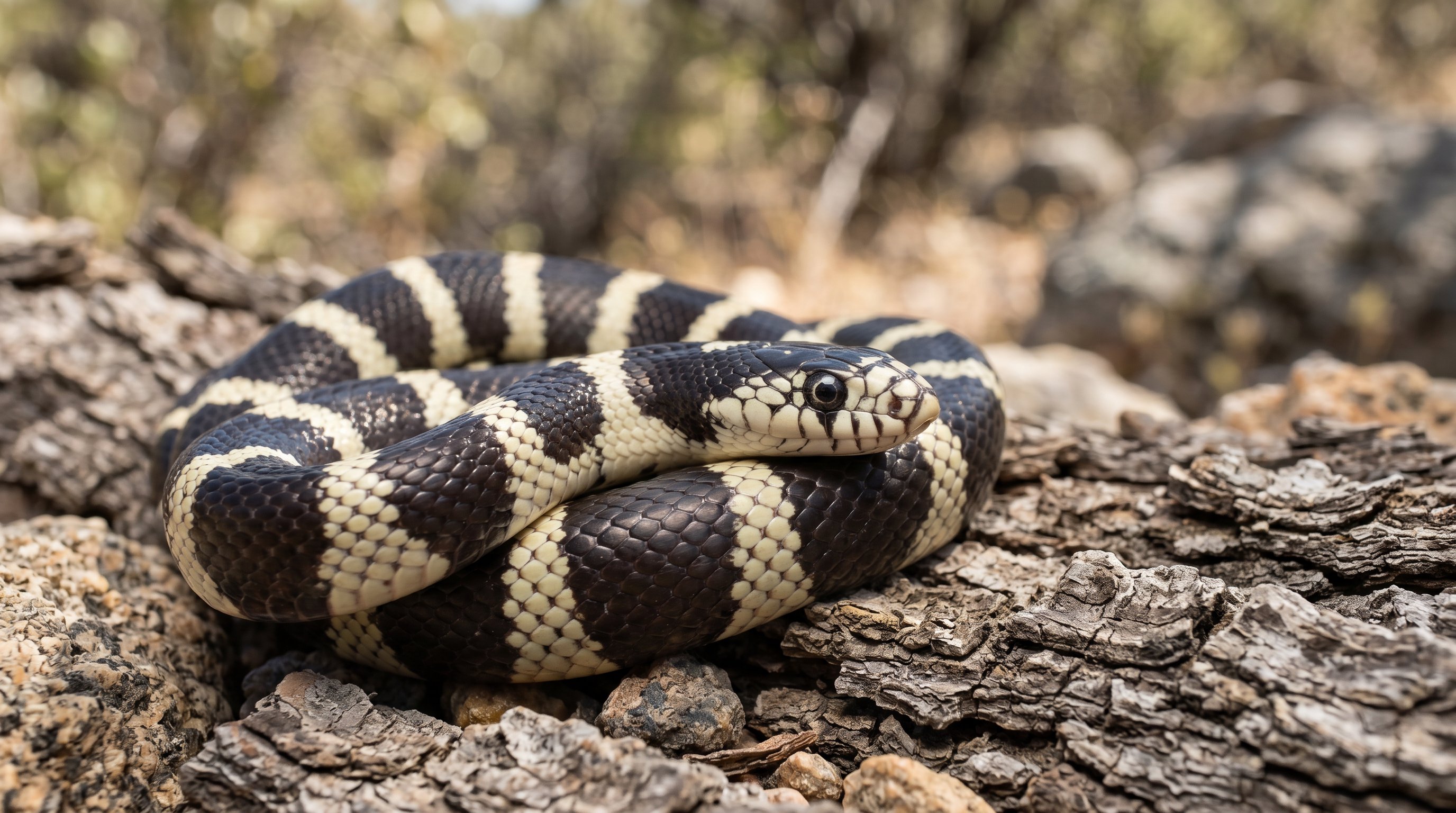 California kingsnake photographed in a realistic close-up portrait with black-and-cream banding and slender colubrid head.