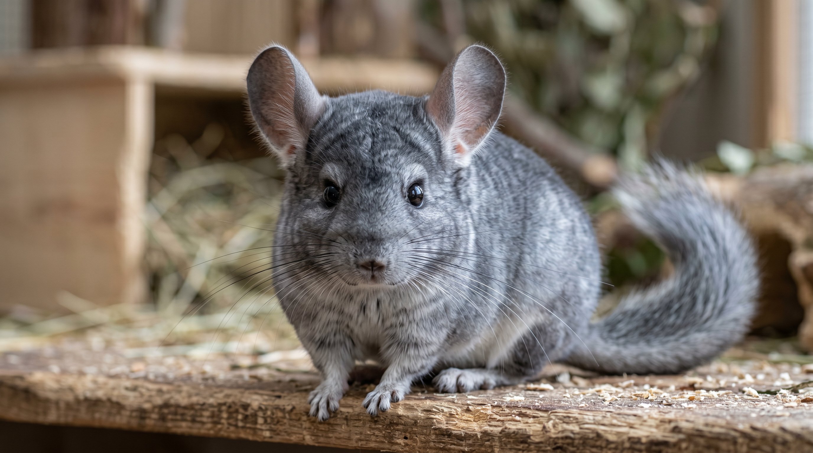 Chinchilla photographed in a realistic close-up portrait with dense plush fur, rounded ears, and bushy tail.
