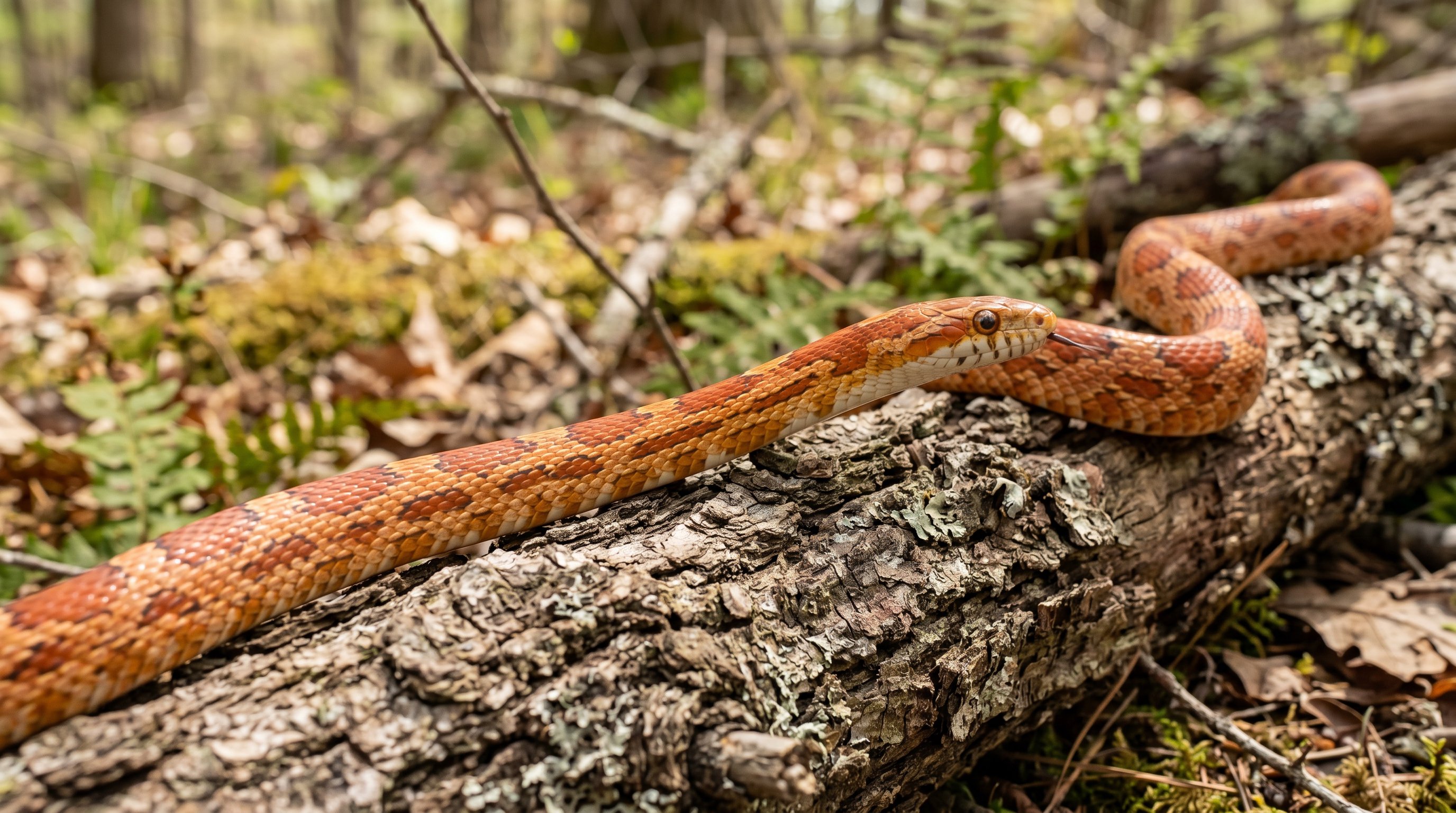 Corn snake photographed in a realistic close-up portrait with slender body shape, narrow head, and orange saddle blotches.