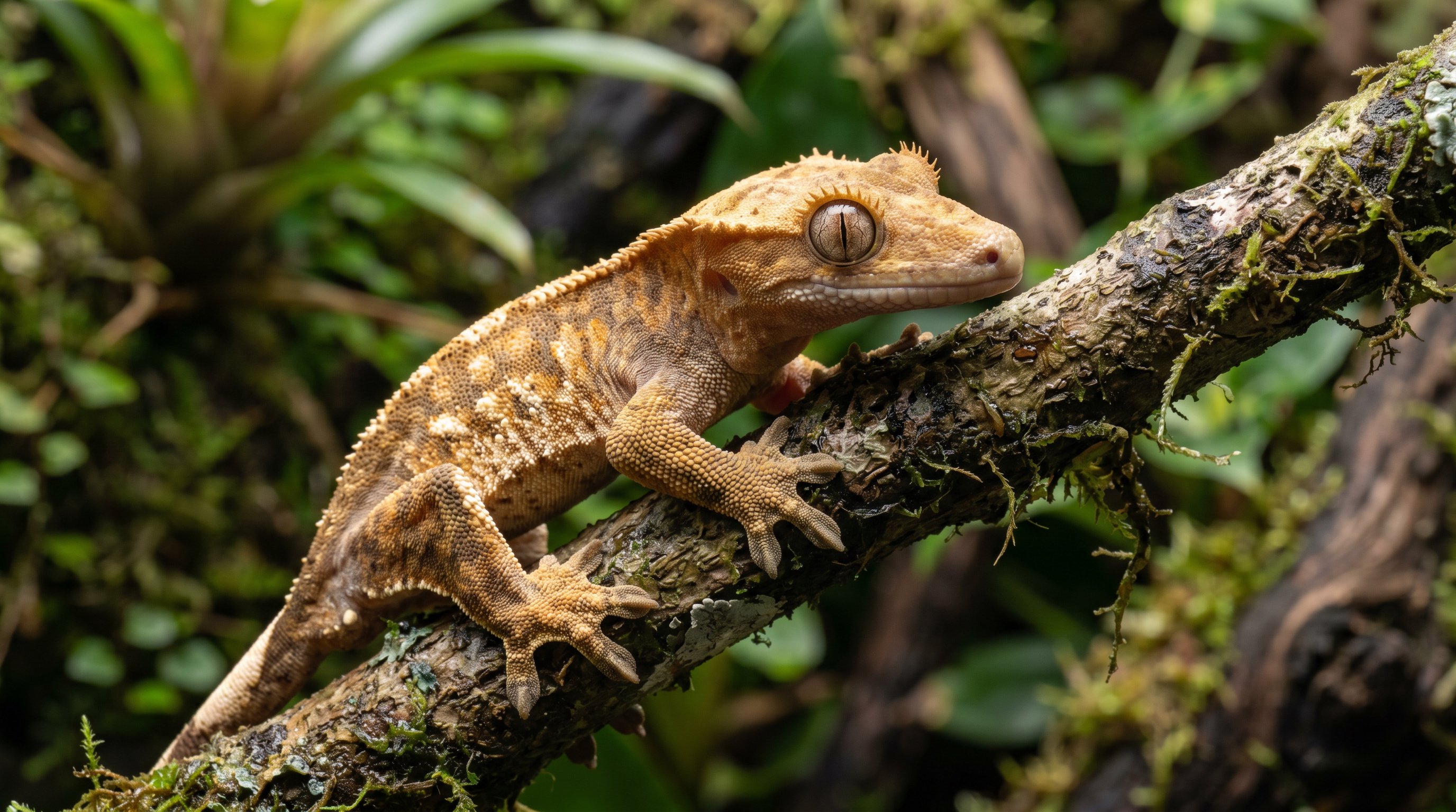 Crested gecko photographed in a realistic close-up portrait with visible eyelash crests, lidless eyes, and gripping toe pads on a branch.