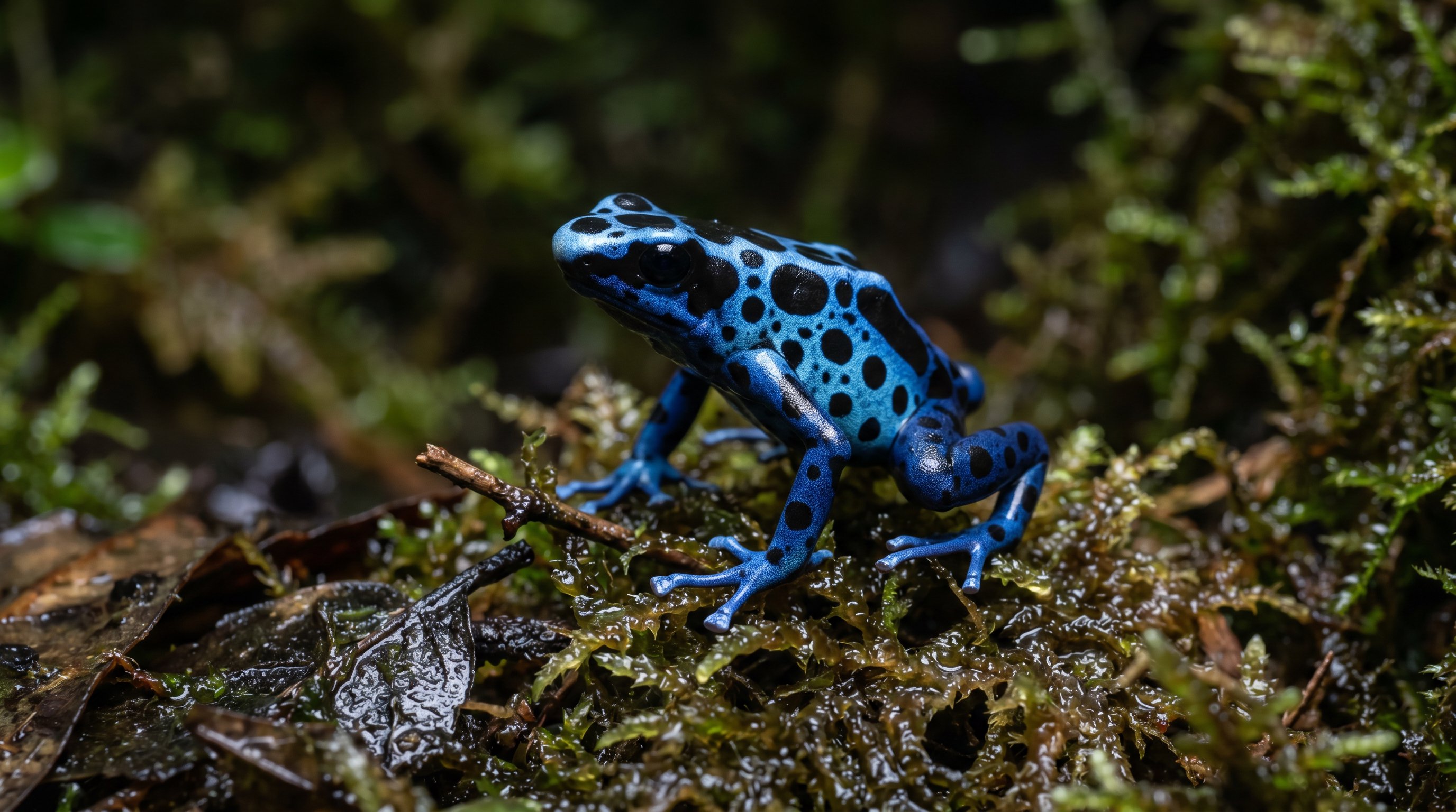 Dart frog photographed in a realistic close-up portrait with small smooth body and vivid blue-and-black poison frog pattern.
