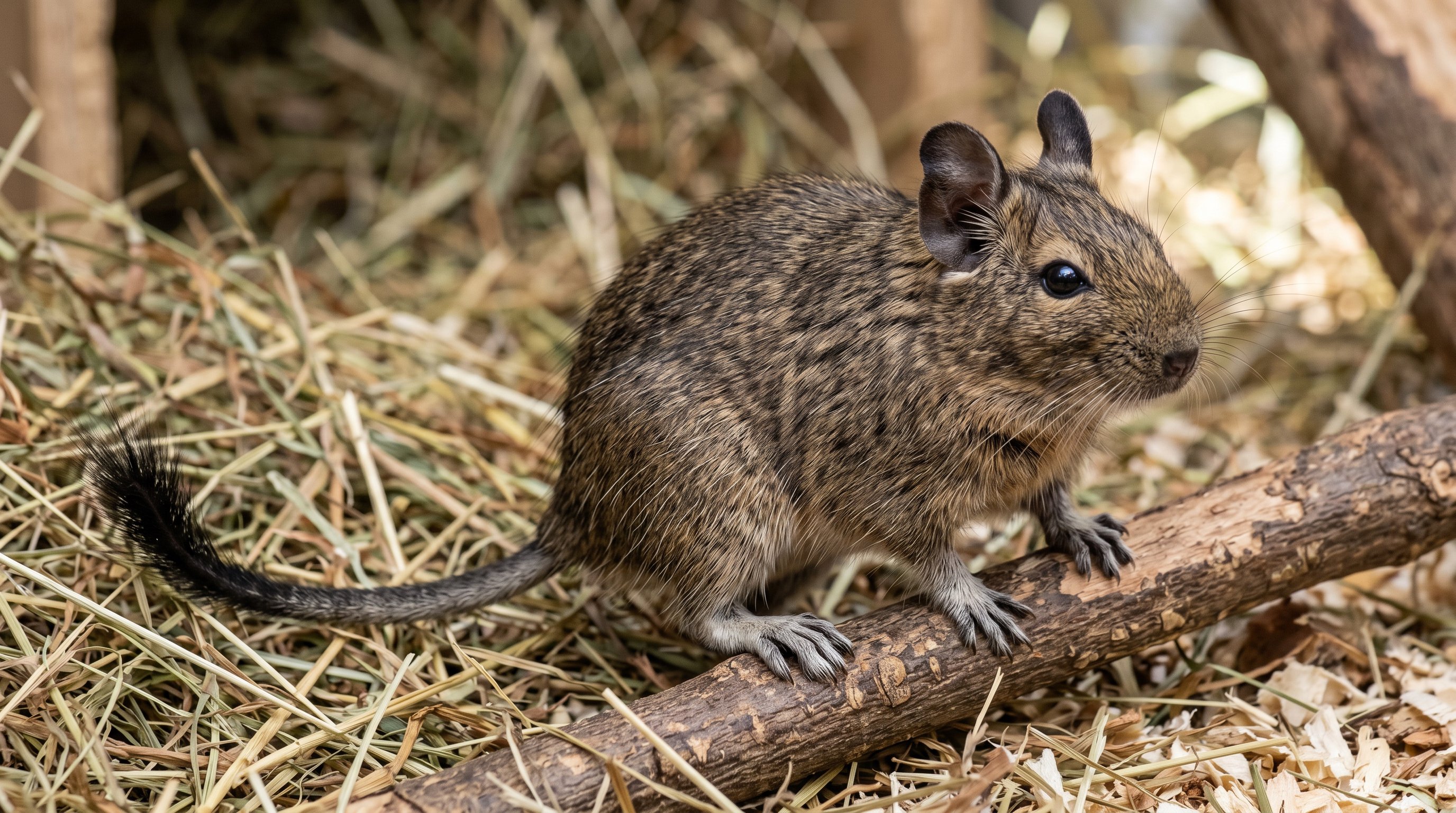 Degu photographed in a realistic close-up portrait with agouti coat, rounded ears, and thin tail ending in a dark tuft.