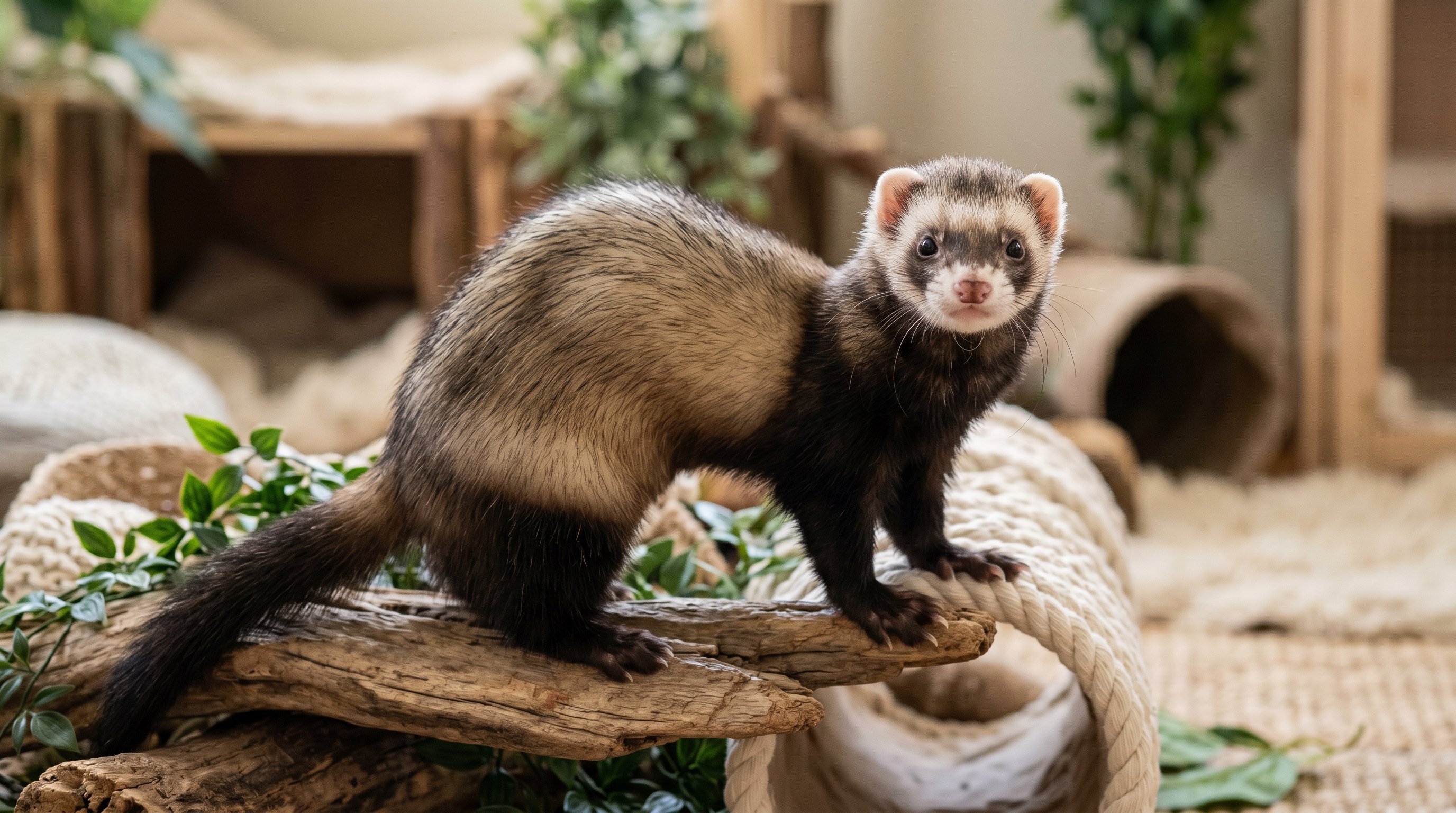 Domestic ferret photographed in a realistic close-up portrait with natural posture and indoor enrichment setting.
