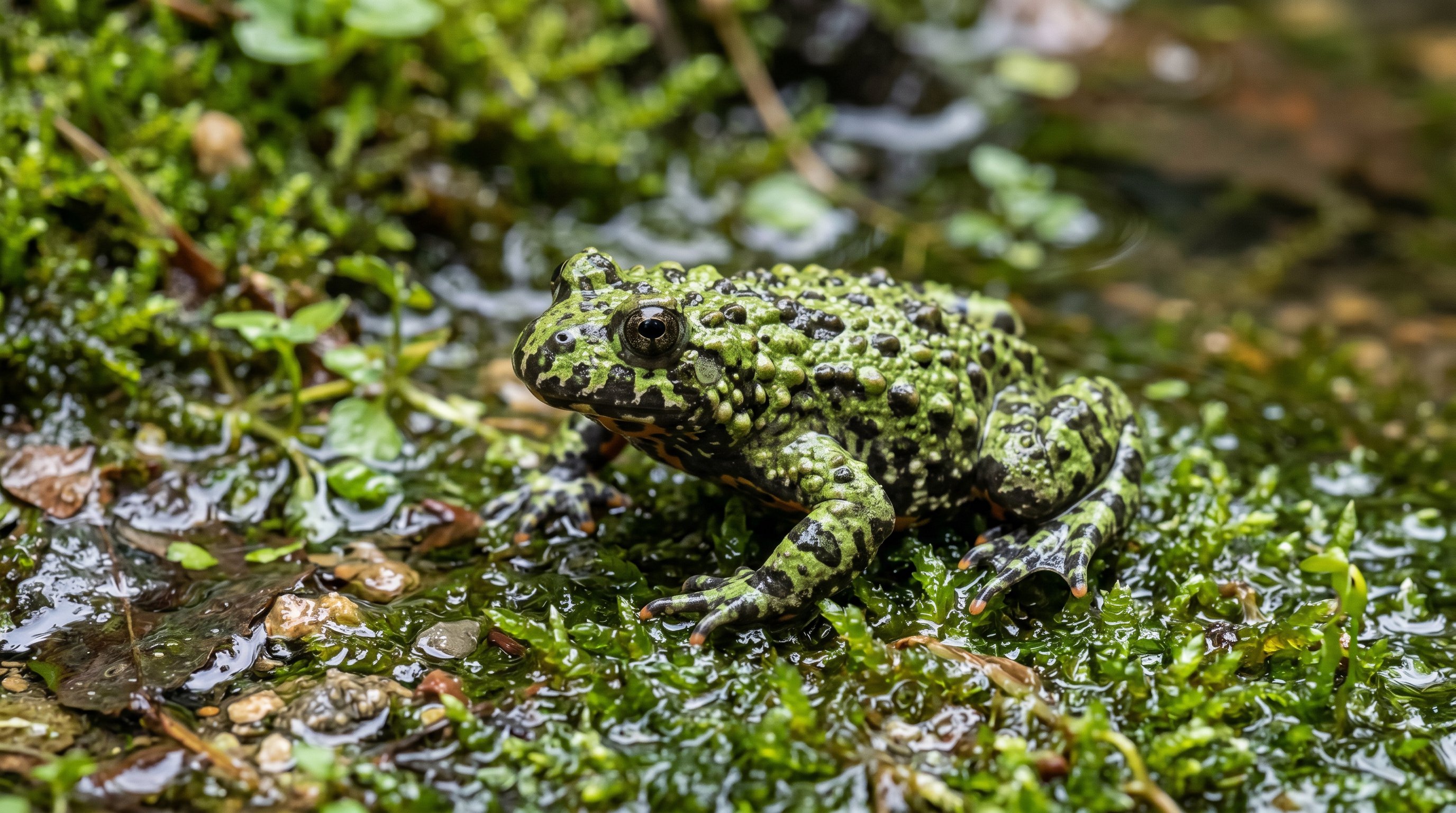 Fire-bellied toad photographed in a realistic close-up portrait with green-and-black mottled warty back in a wet semi-aquatic setting.