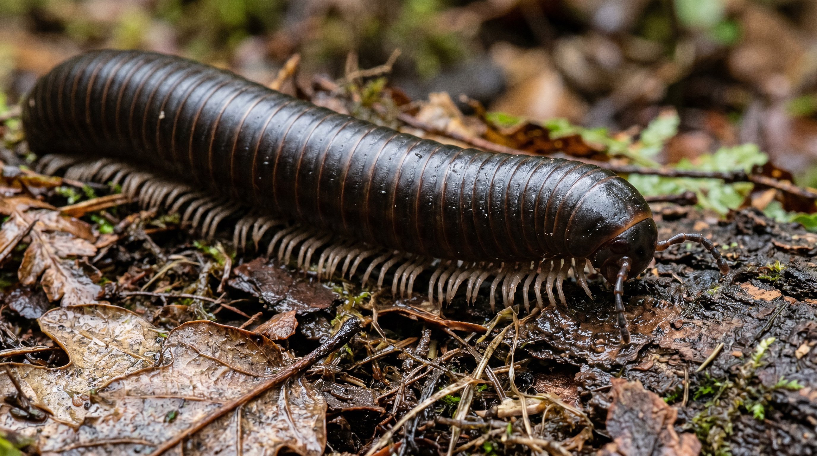 Giant millipede photographed in a realistic macro portrait with long cylindrical segmented body and many small legs.