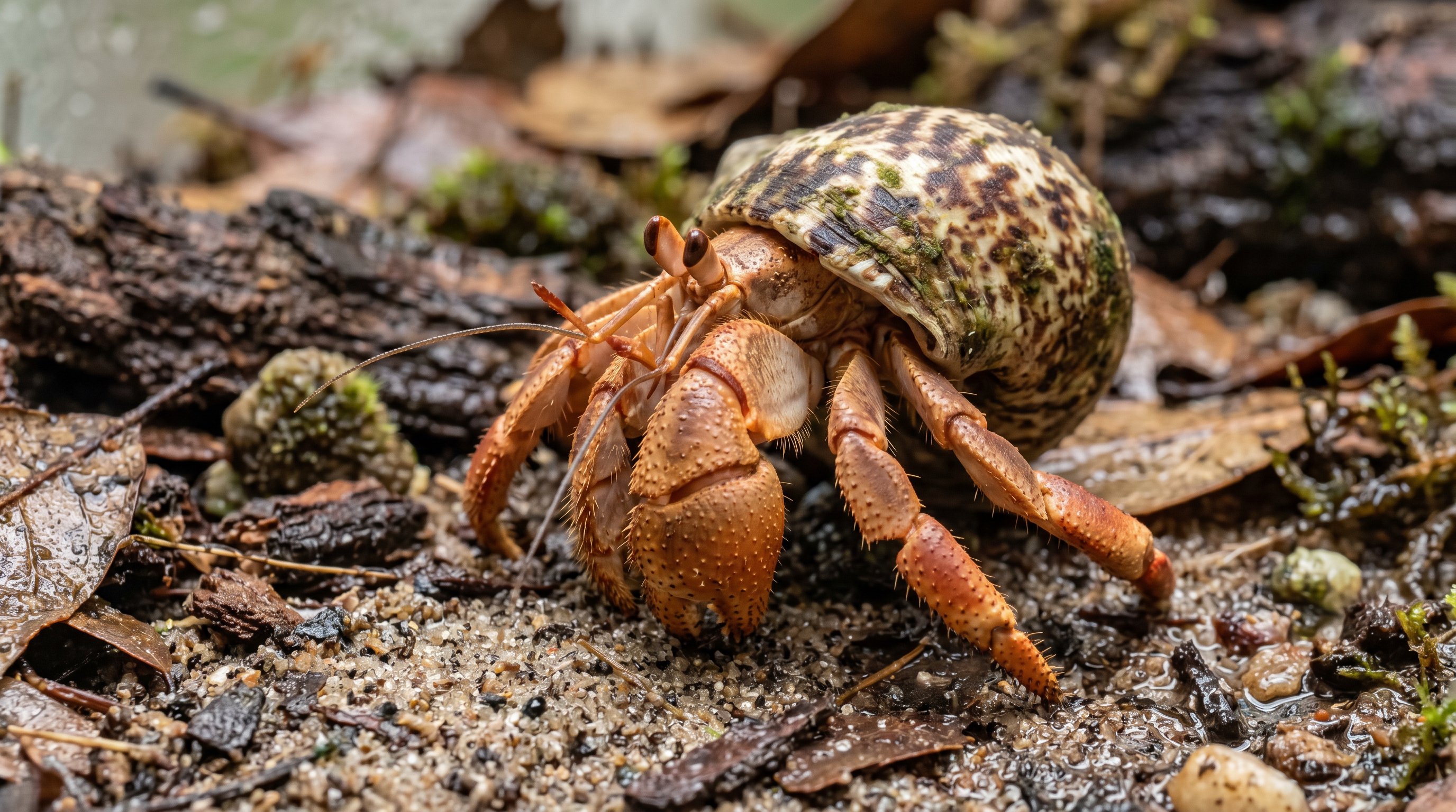 Hermit crab photographed in a realistic close-up portrait with a borrowed shell, eyestalks, and one enlarged claw.