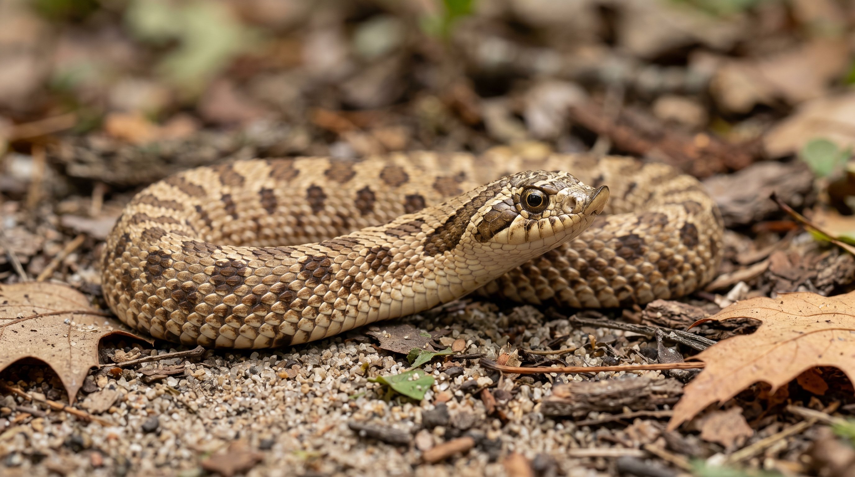 Hognose snake photographed in a realistic close-up portrait with distinctive upturned snout and sandy blotched pattern.