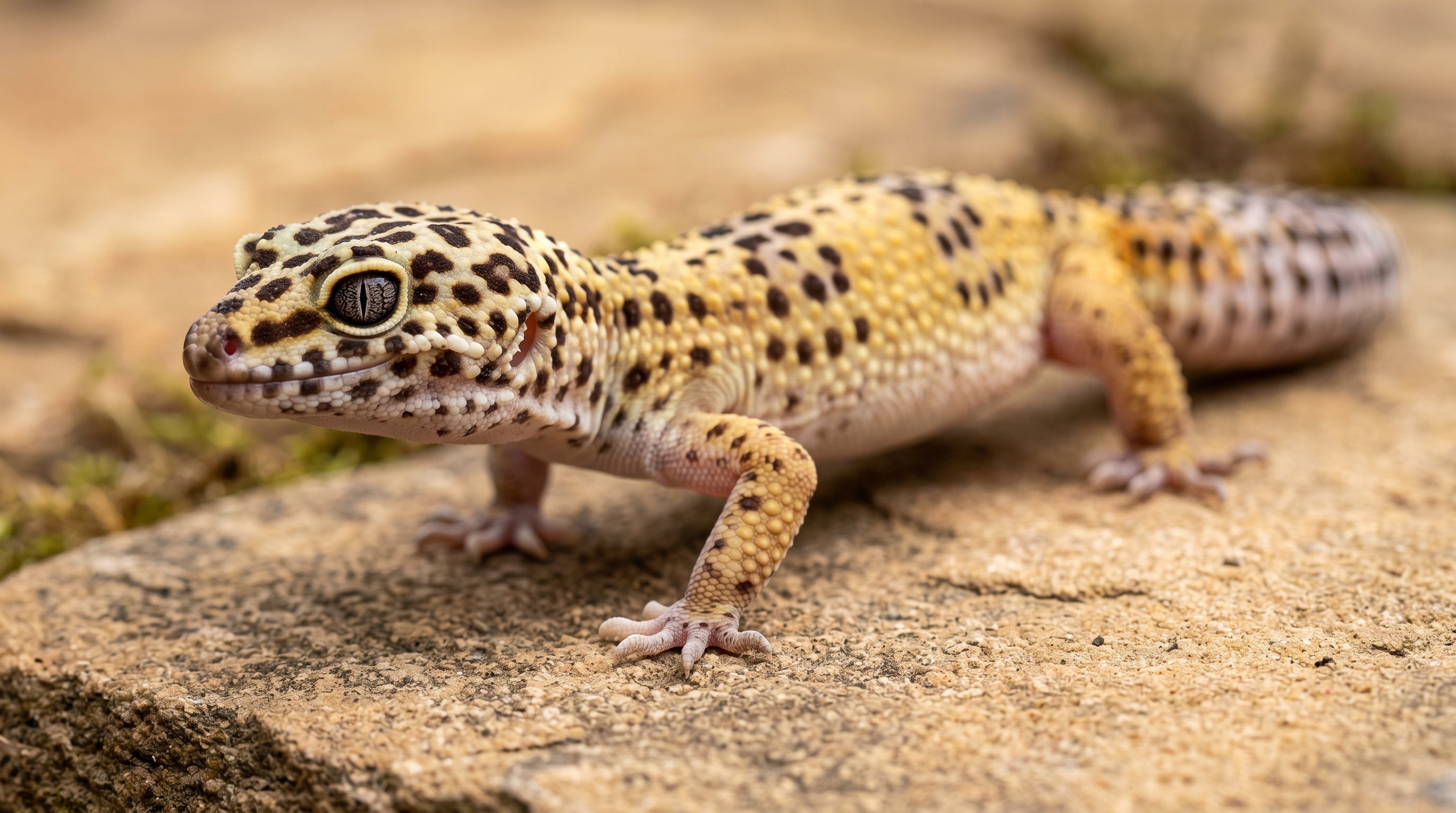 Leopard gecko photographed in a realistic close-up portrait with visible eyelids, spotted pattern, and thick tail.