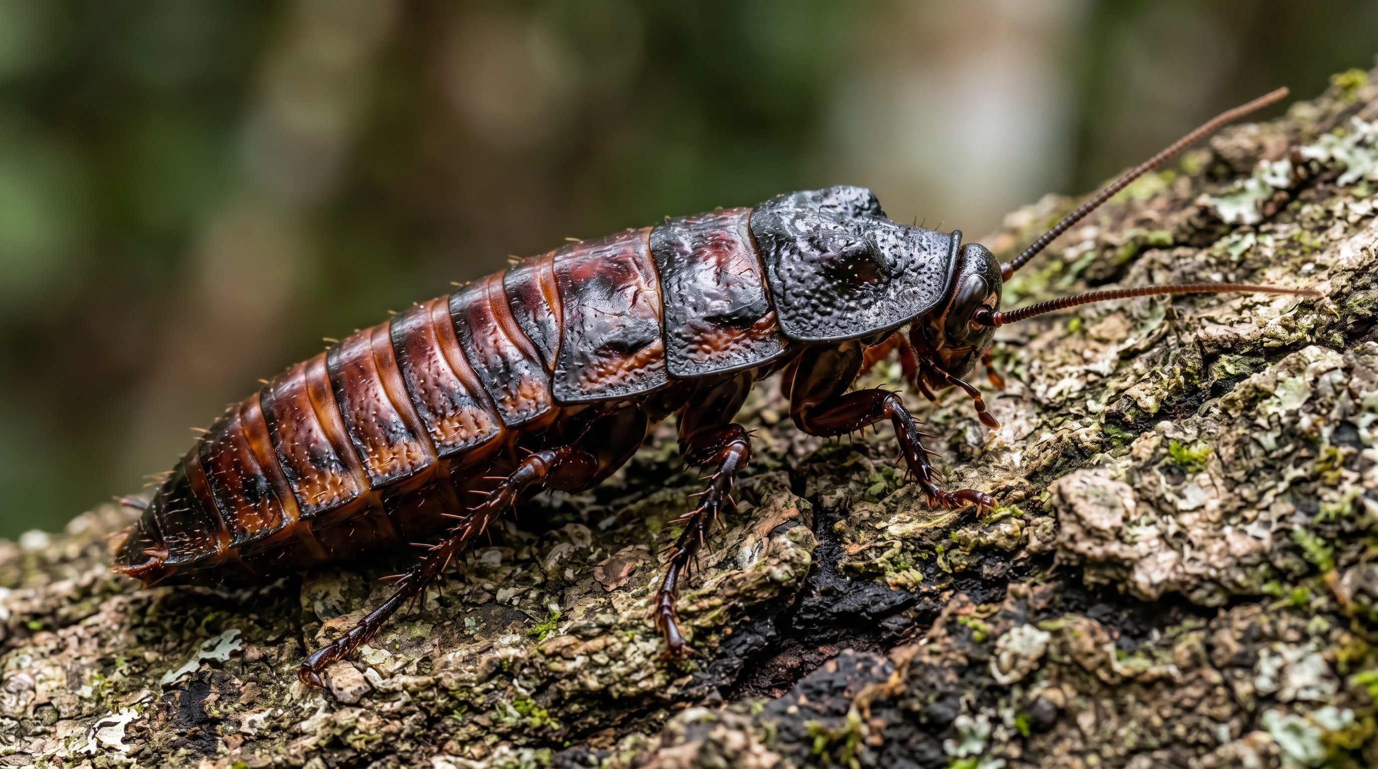 Madagascar hissing cockroach photographed in a realistic macro portrait with large wingless body, glossy segments, and long antennae.