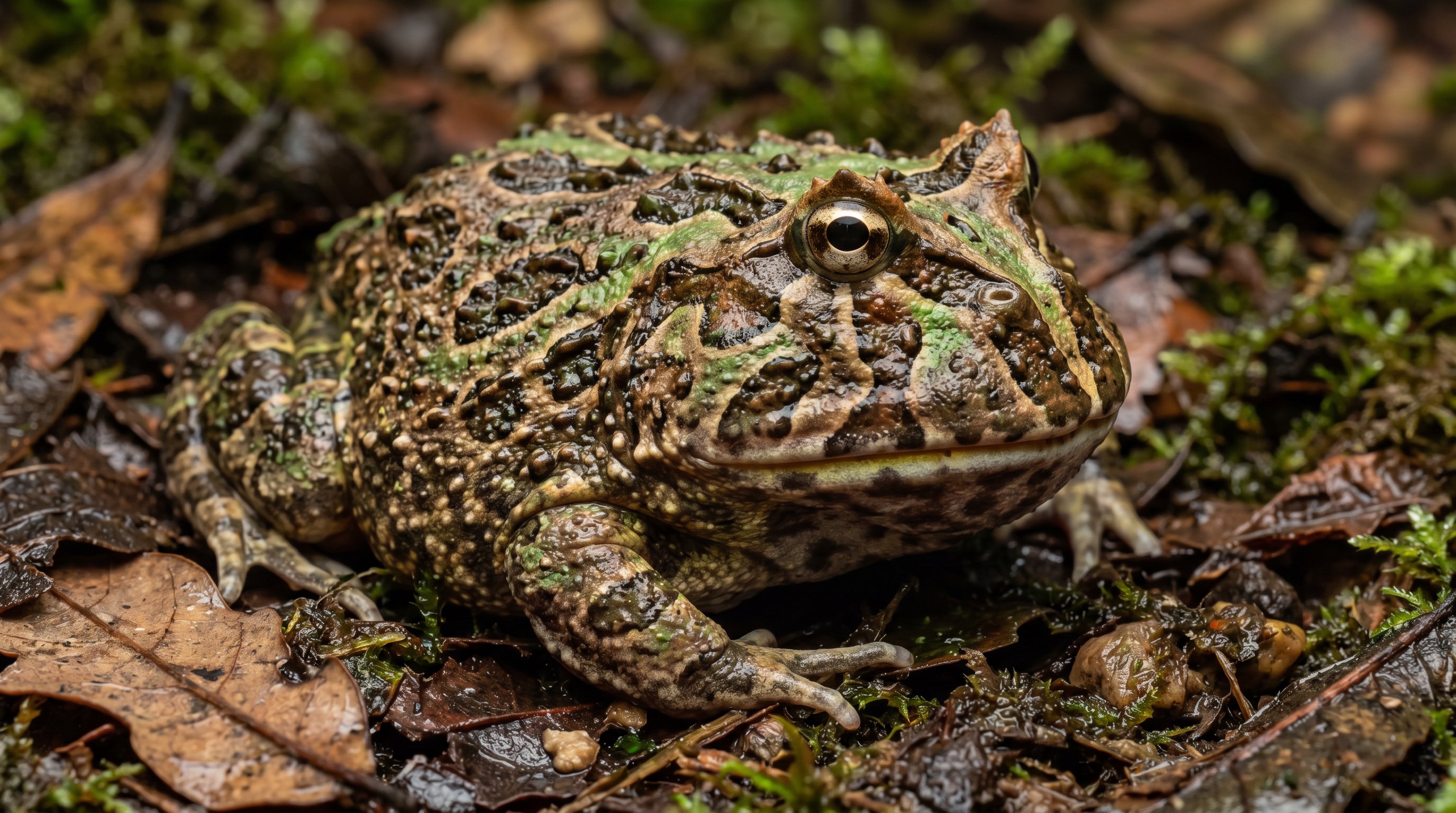 Pacman frog photographed in a realistic close-up portrait with broad head, huge mouth, and heavy ambush-frog body.