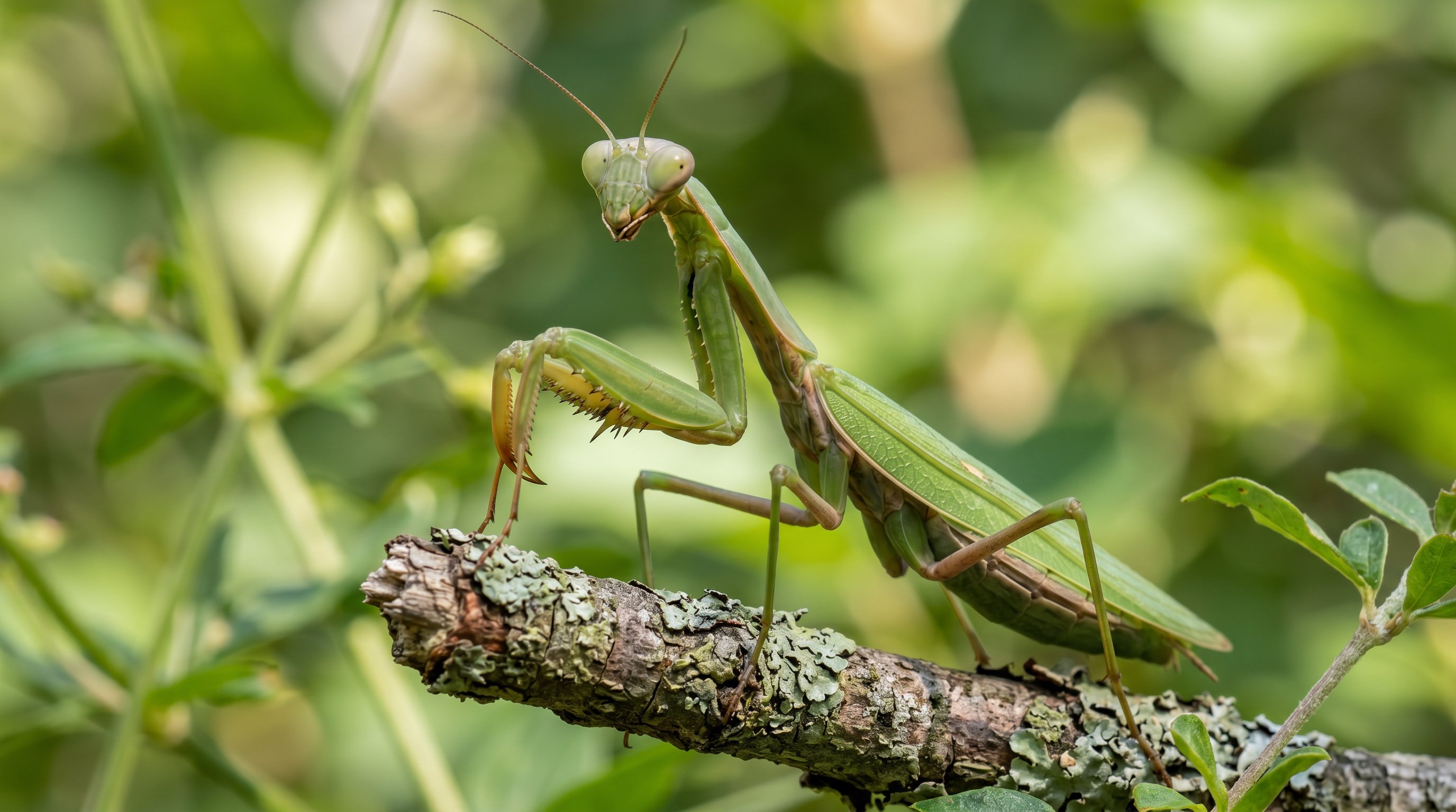 Praying mantis photographed in a realistic macro portrait with triangular head, raptorial forelegs, and upright stance.