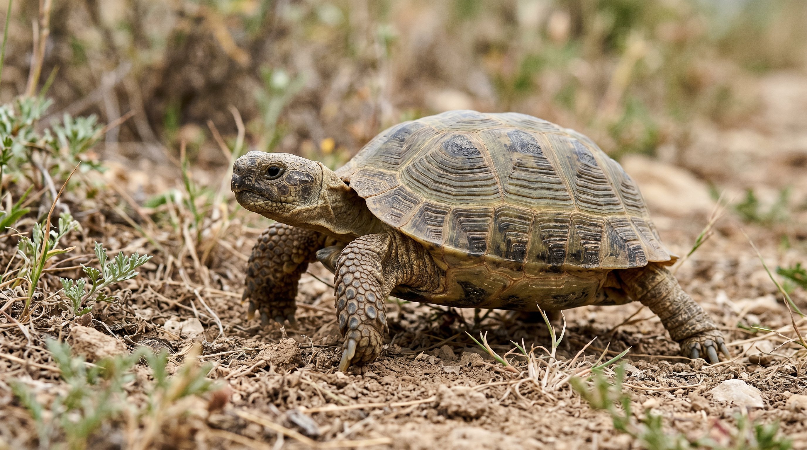Russian tortoise photographed in a realistic close-up portrait with domed shell, sturdy digging limbs, and dry terrestrial setting.