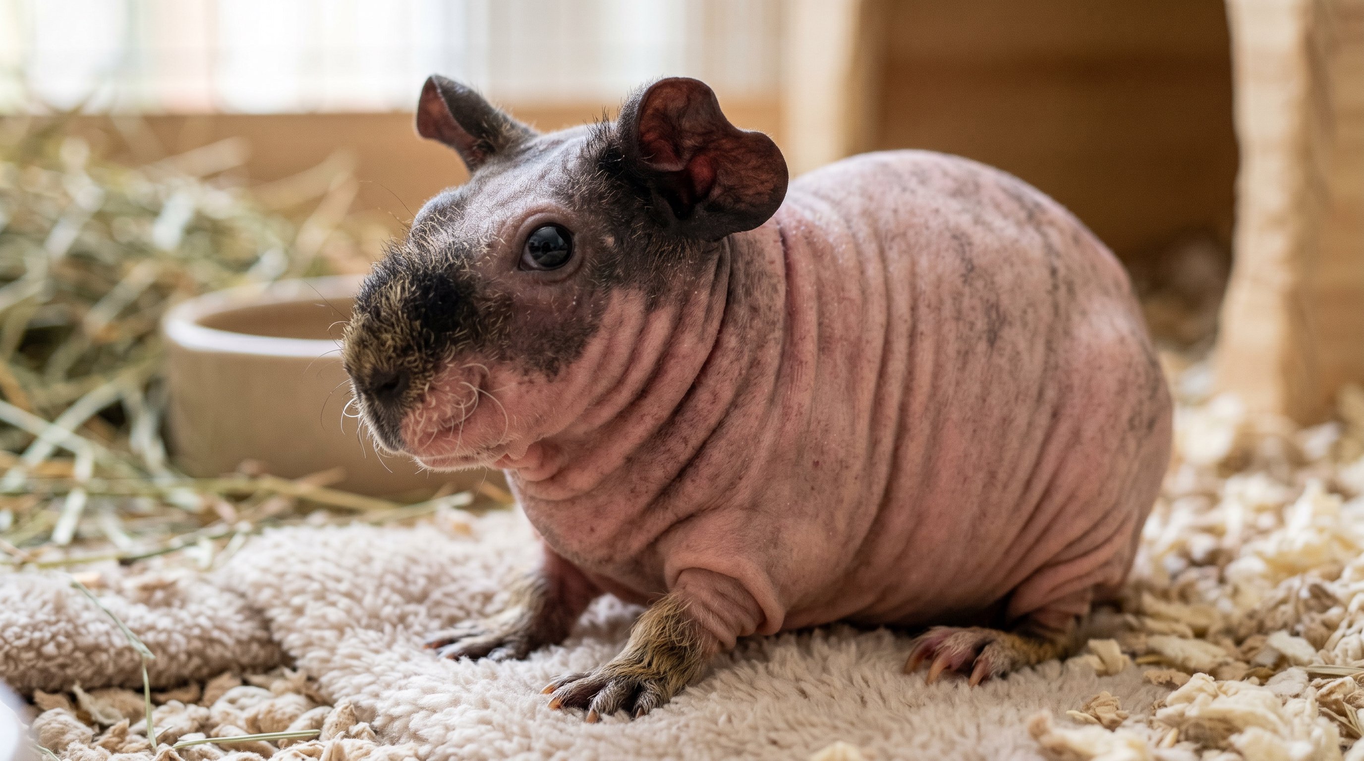 Skinny pig photographed in a realistic close-up portrait with mostly hairless wrinkled body and sturdy guinea-pig shape.