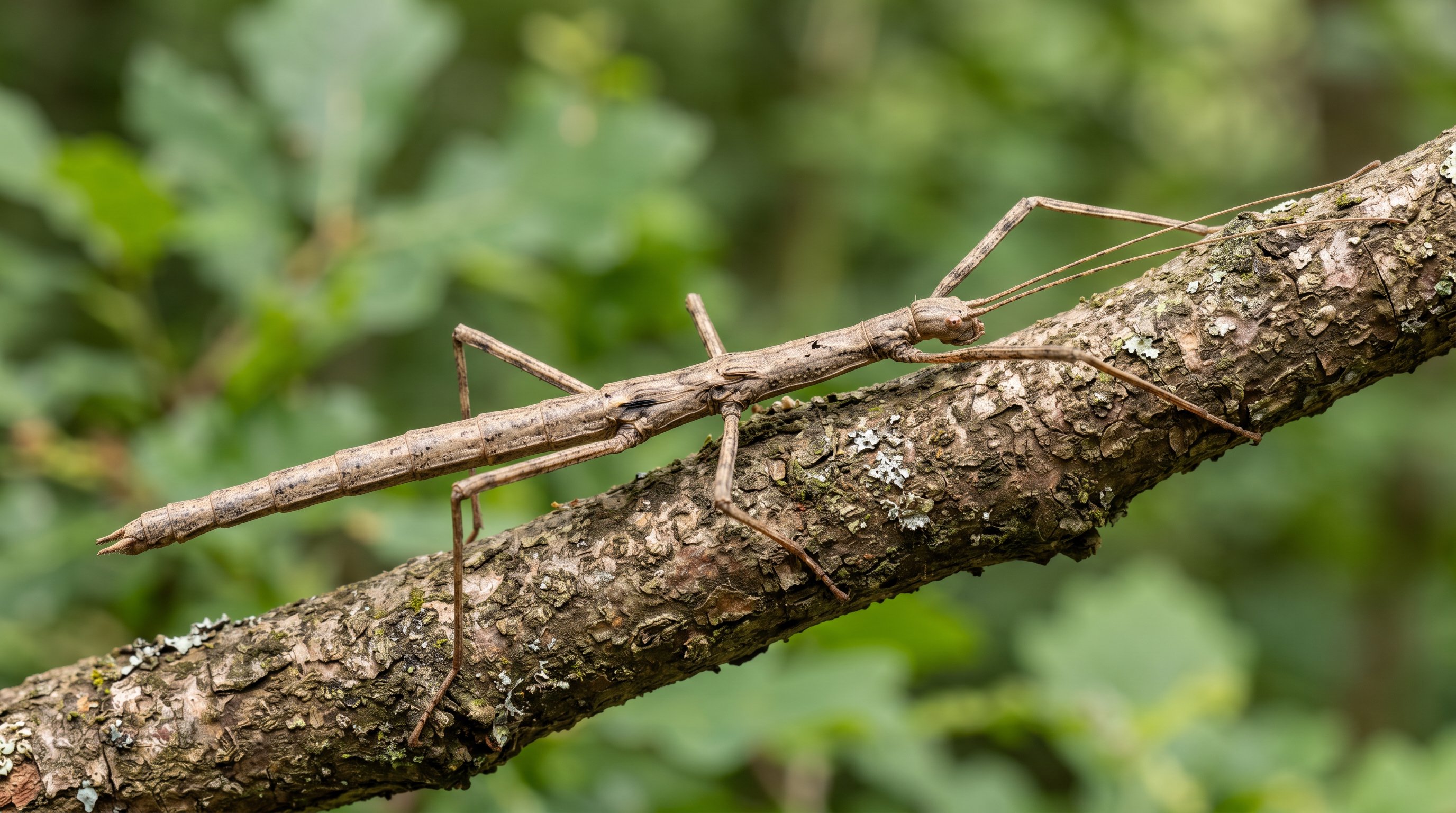 Stick insect photographed in a realistic macro portrait with elongated twig-like body and natural camouflage posture.
