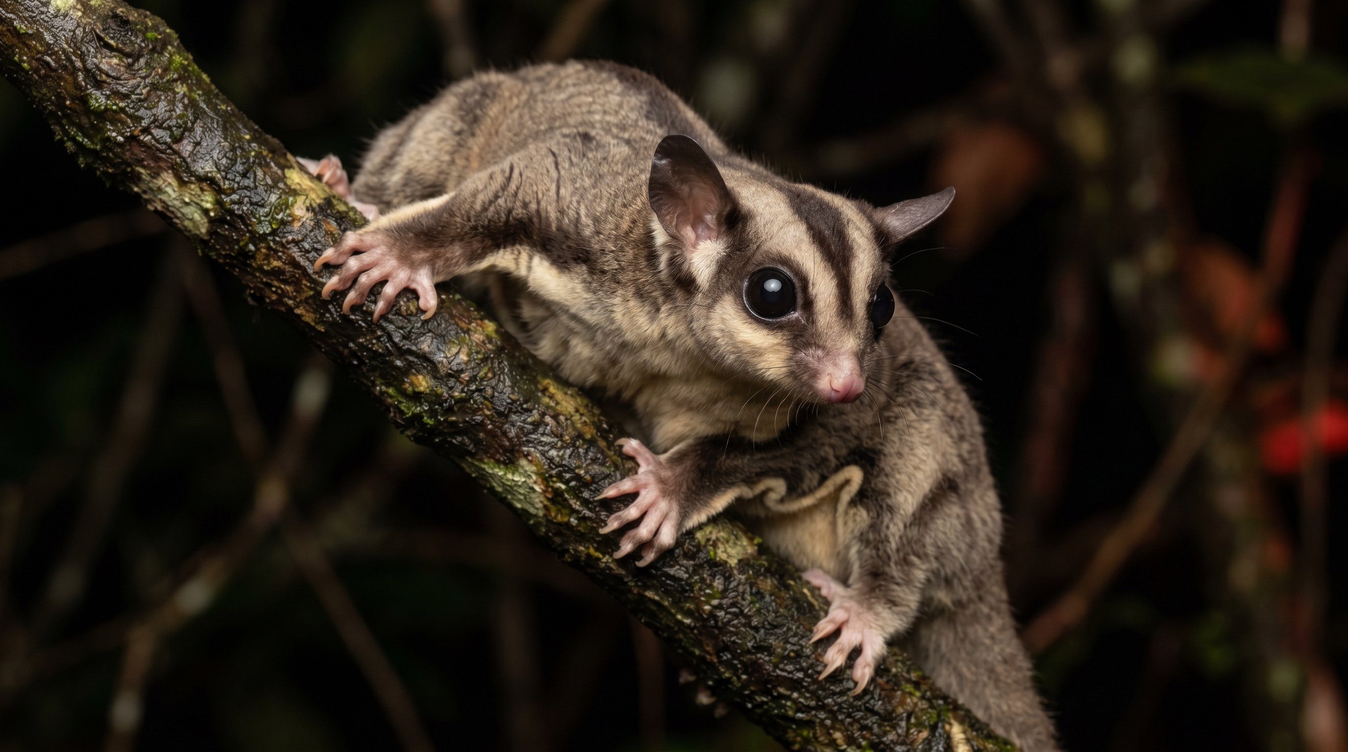 Sugar glider photographed in a realistic close-up portrait with large dark eyes, dorsal stripe, and visible gliding membrane while climbing.