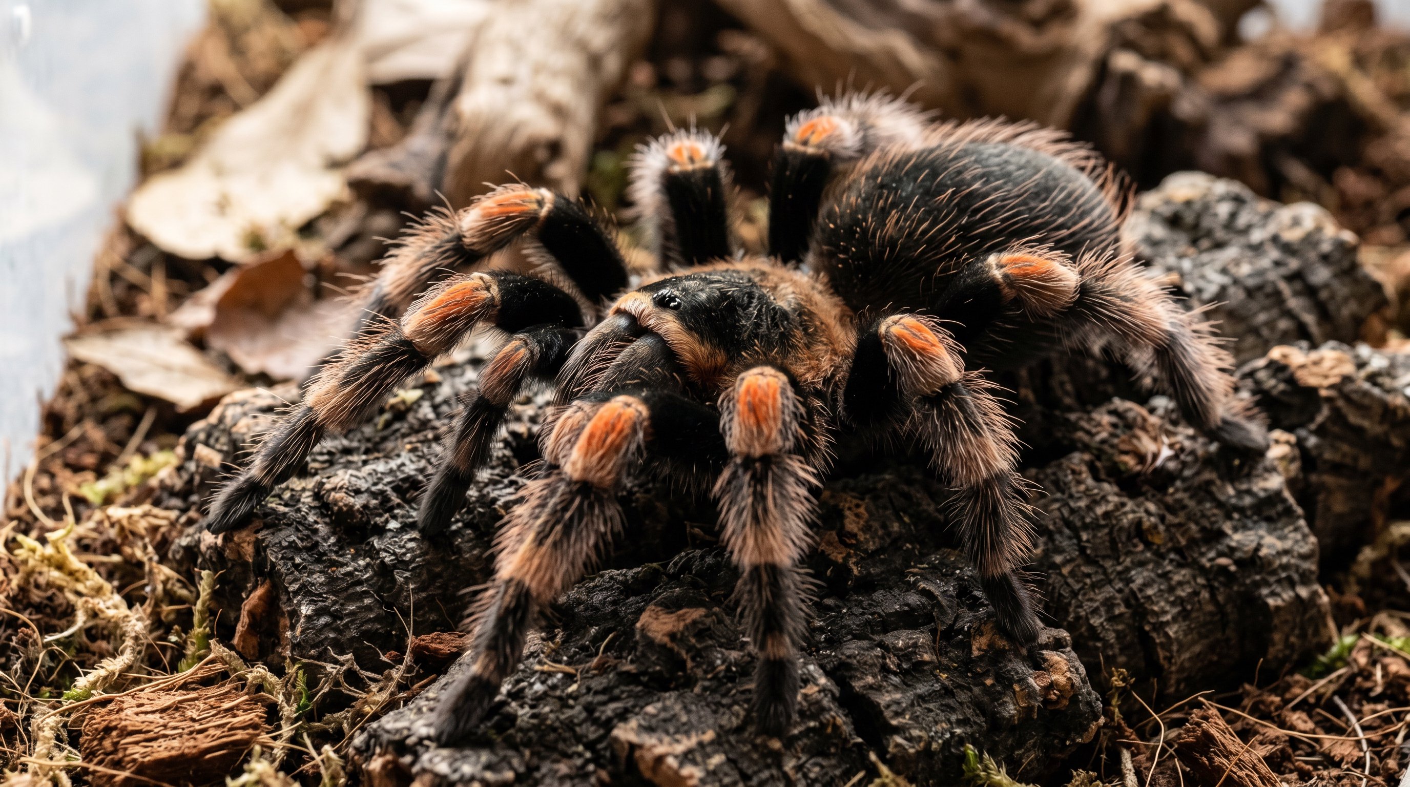 Tarantula photographed in a realistic macro portrait with hairy body, thick legs, and terrestrial bark setting.