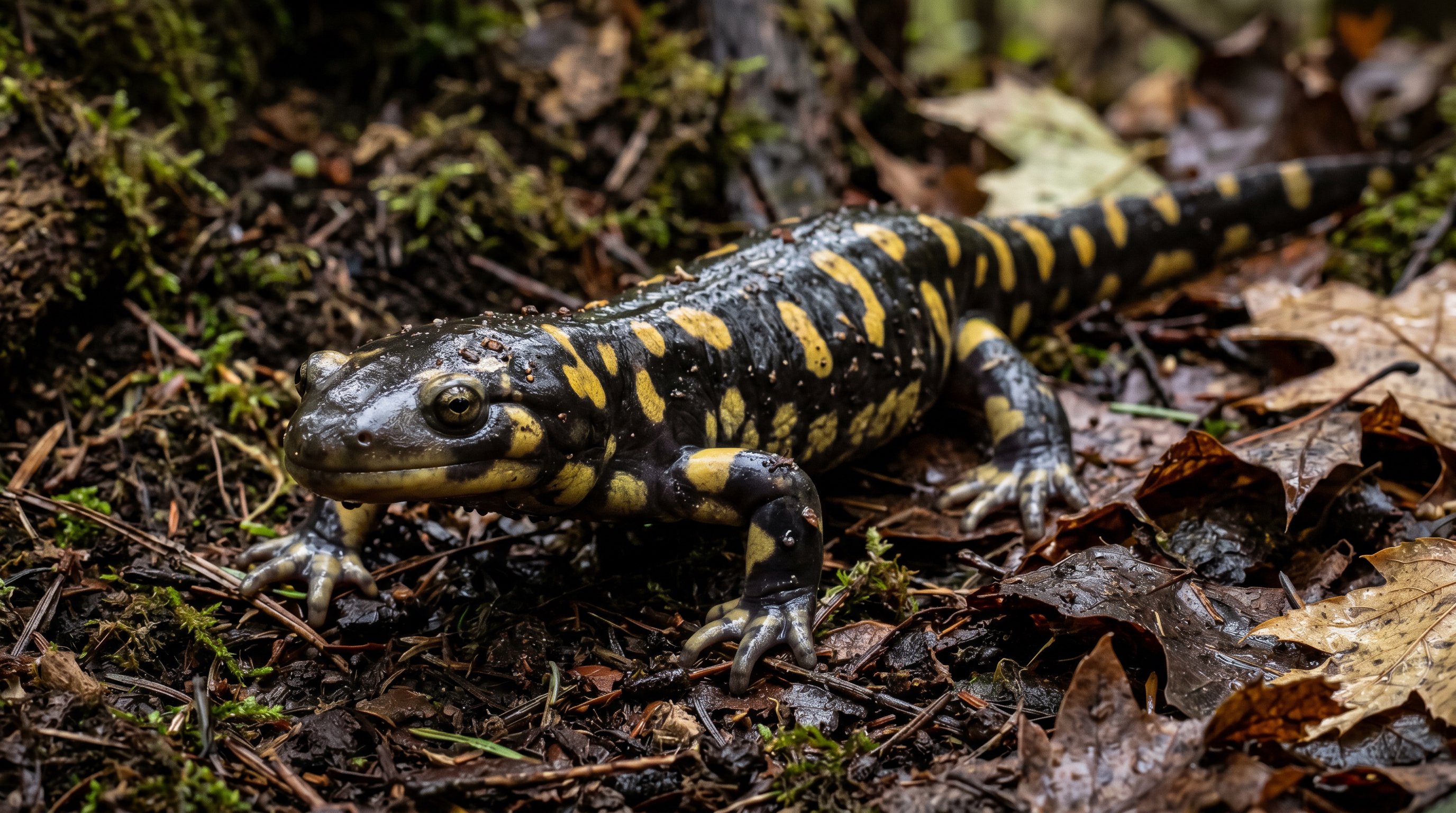 Tiger salamander photographed in a realistic close-up portrait with smooth black skin and bold yellow blotches.