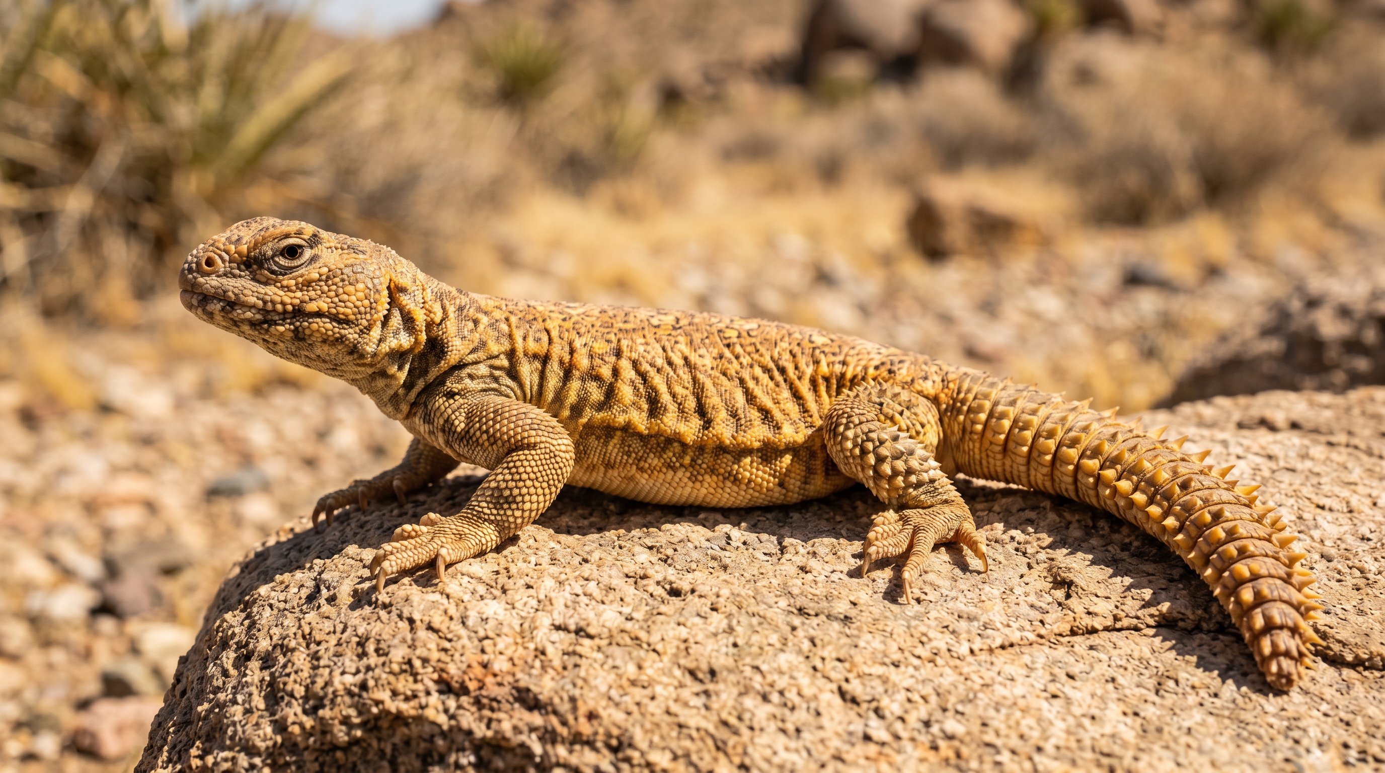 Uromastyx photographed in a realistic close-up portrait with stout desert-lizard body and thick spiny ringed tail.