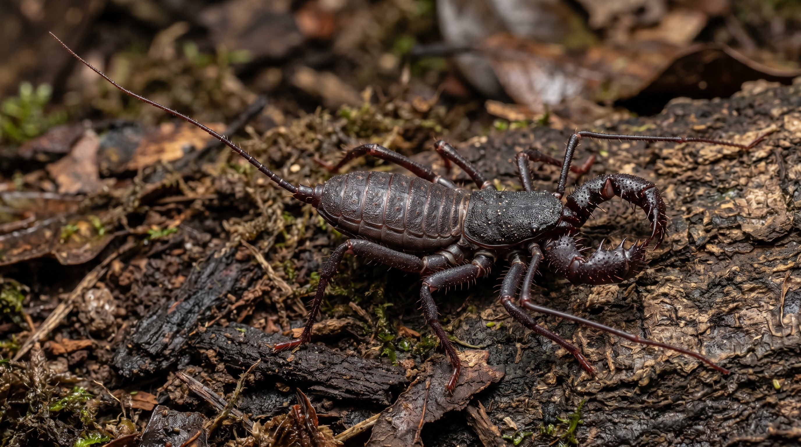 Vinegaroon photographed in a realistic macro portrait with large pedipalps, flattened body, and long whip-like tail.